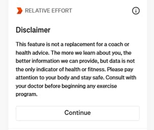 Excerpt from running coach app Strava stating this feature is not a replacement for a coach or health advice.